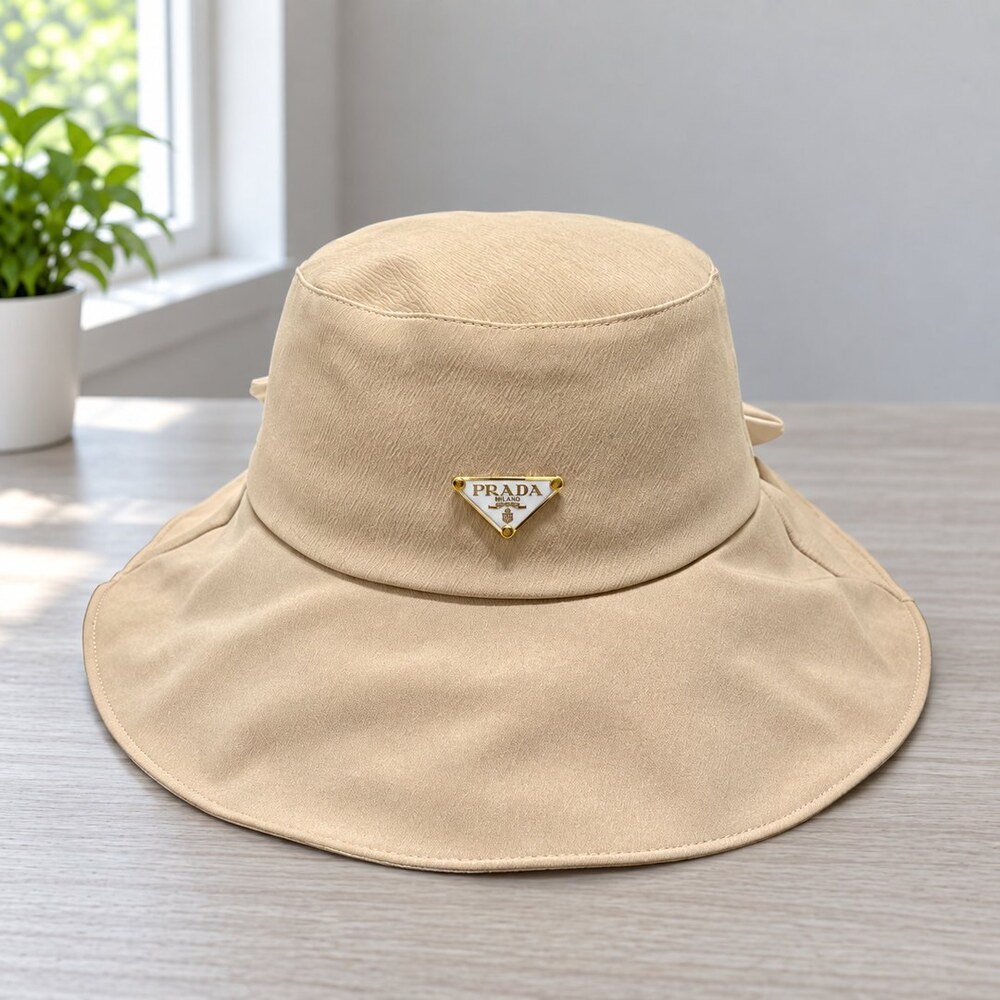Prada Beige Wide Brim Bow Bucket Hat